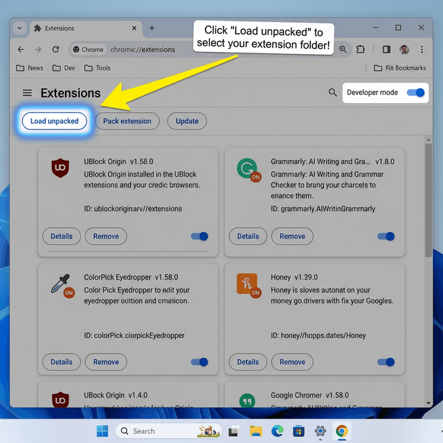Open Chrome Extensions & Enable Developer Mode